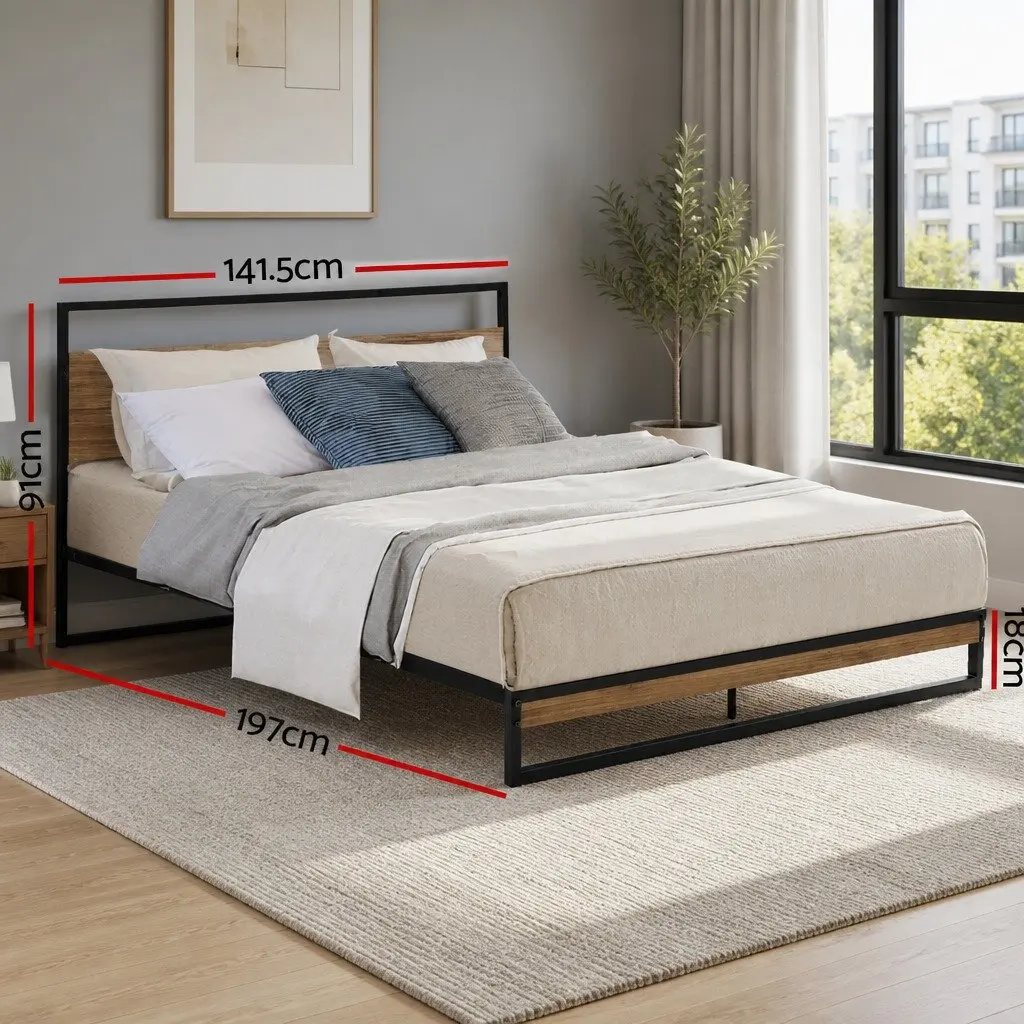 Double Metal Bed Frame Industrial Design Sturdy Steel MDF Black Bedroom