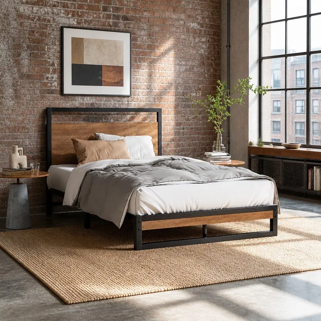 King Single Bed Frame Industrial Metal Wood Design Black Bedroom Furniture
