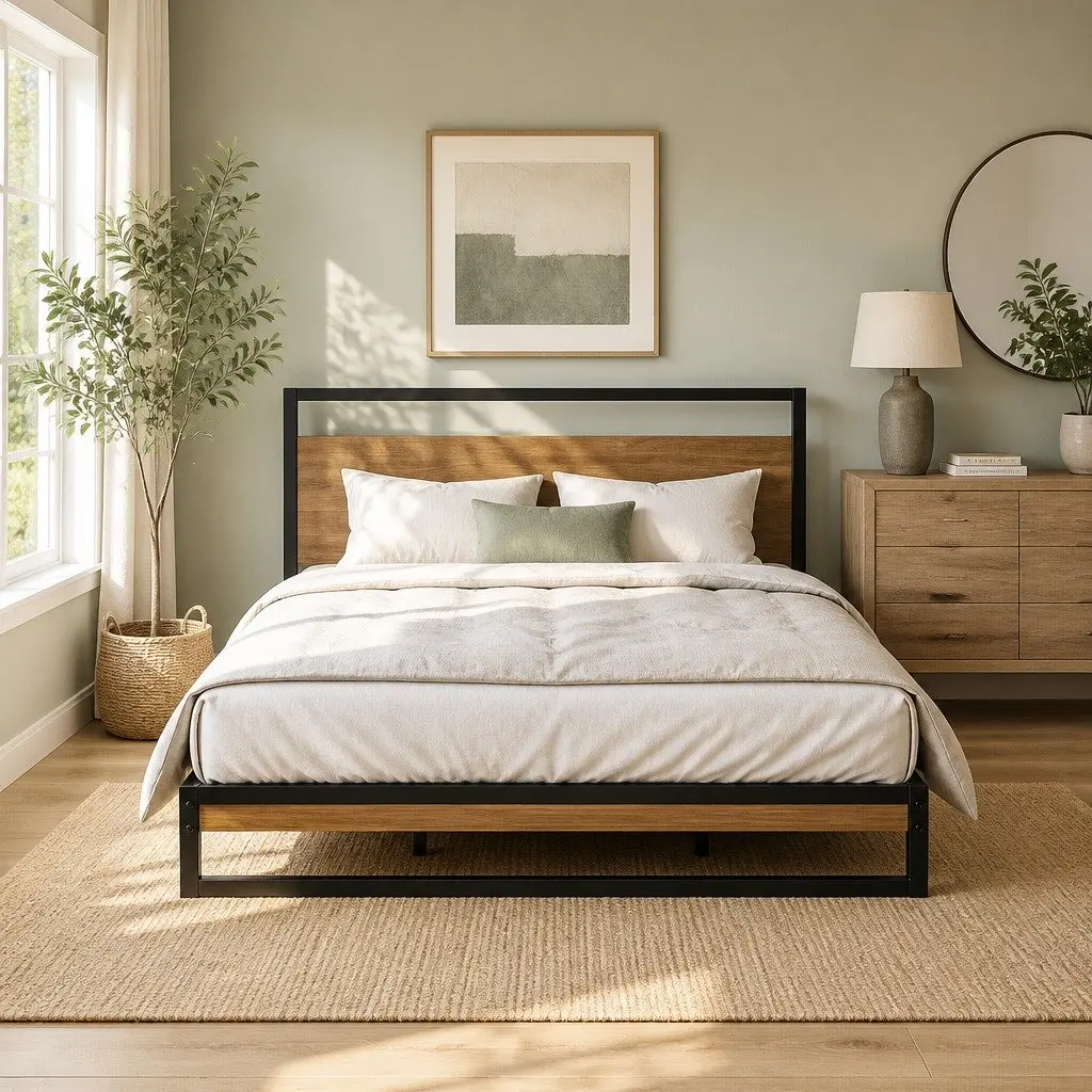 Queen Size Bed Frame Black Metal Wood Industrial Bedroom Furniture Sturdy Steel