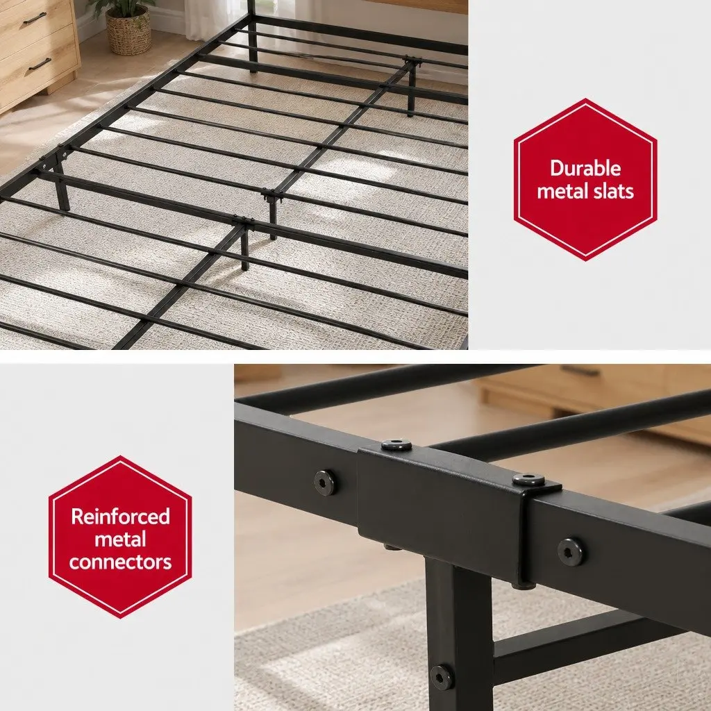 Queen Size Bed Frame Black Metal Wood Industrial Bedroom Furniture Sturdy Steel