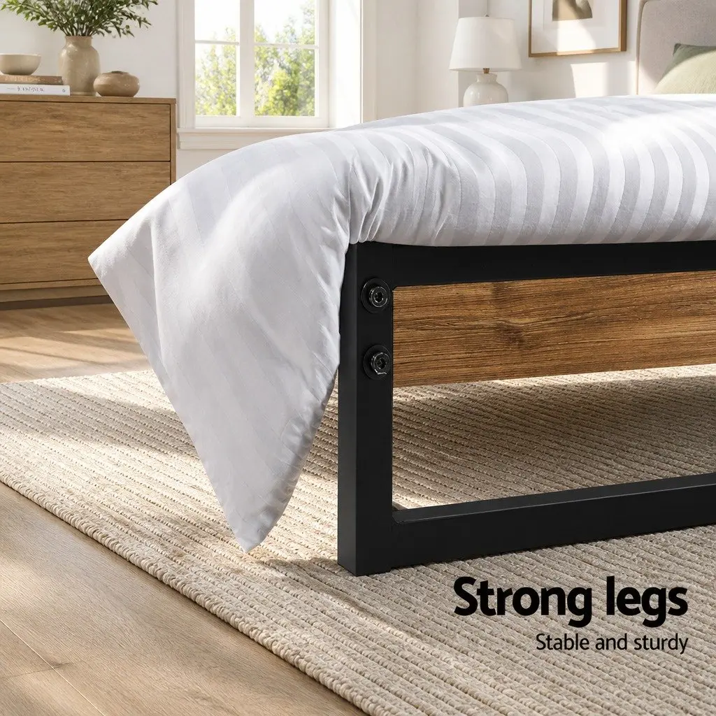 Queen Size Bed Frame Black Metal Wood Industrial Bedroom Furniture Sturdy Steel