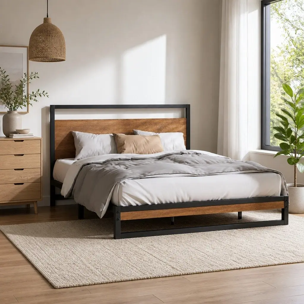 Queen Size Bed Frame Black Metal Wood Industrial Bedroom Furniture Sturdy Steel