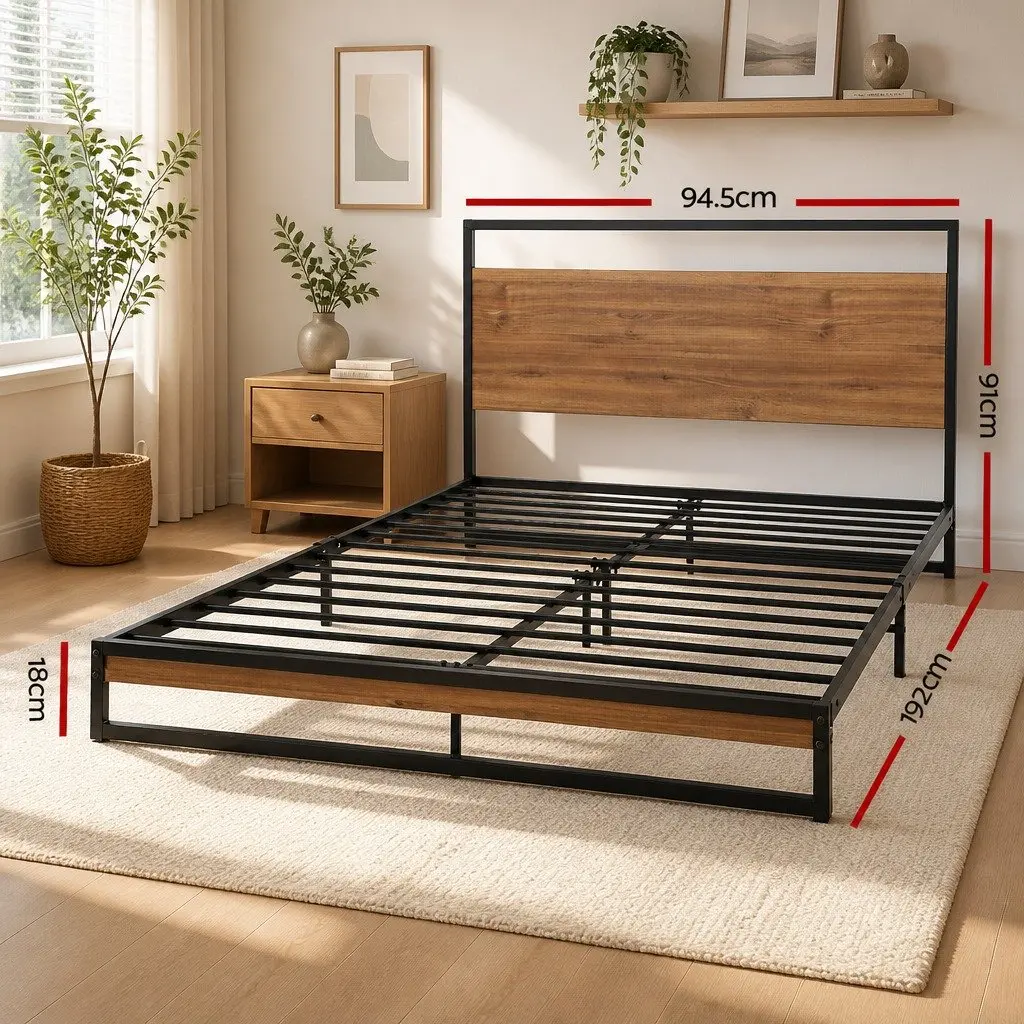 Single Metal Bed Frame Industrial Design Steel MDF Black Bedroom Furniture