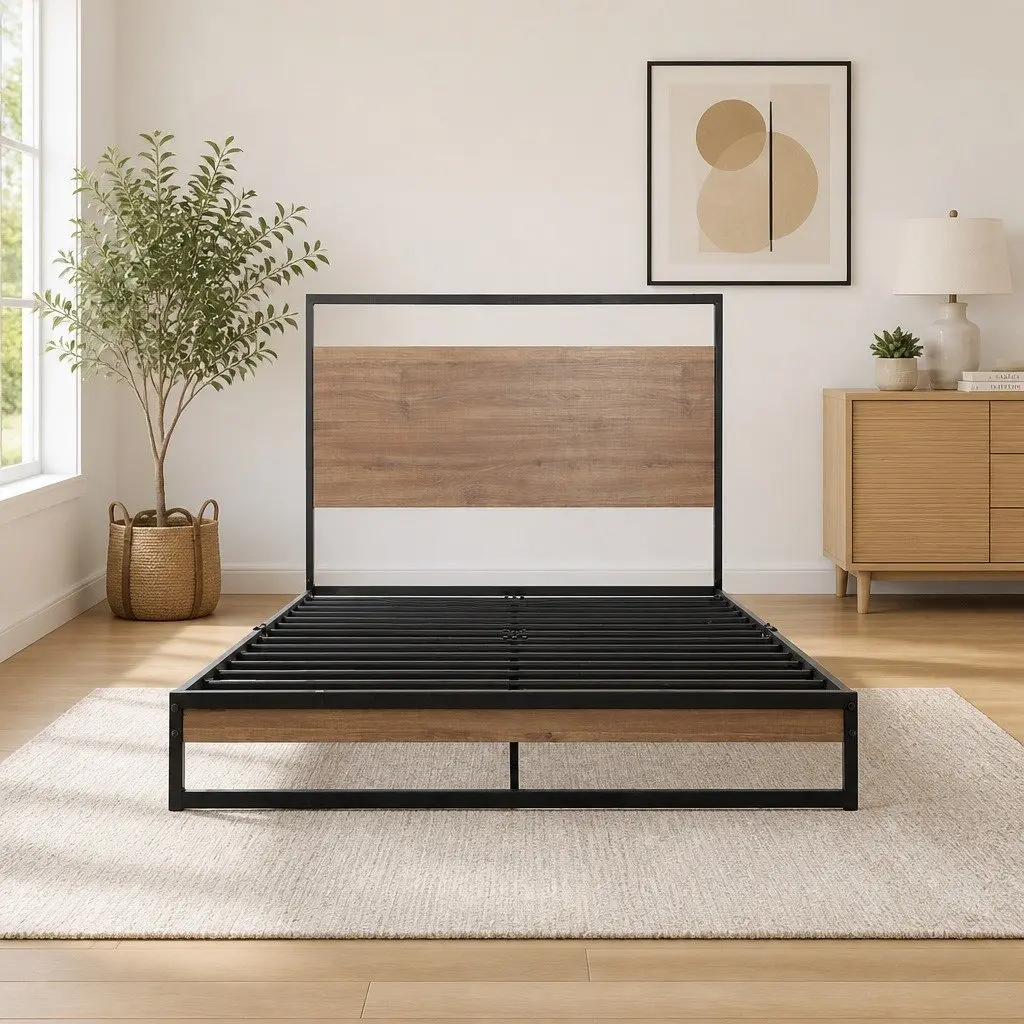 Single Metal Bed Frame Industrial Design Steel MDF Black Bedroom Furniture