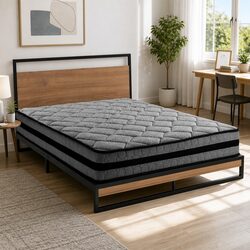 Queen Size Bed Frame with Mattress Metal Steel Wood Industrial Bedroom Furniture