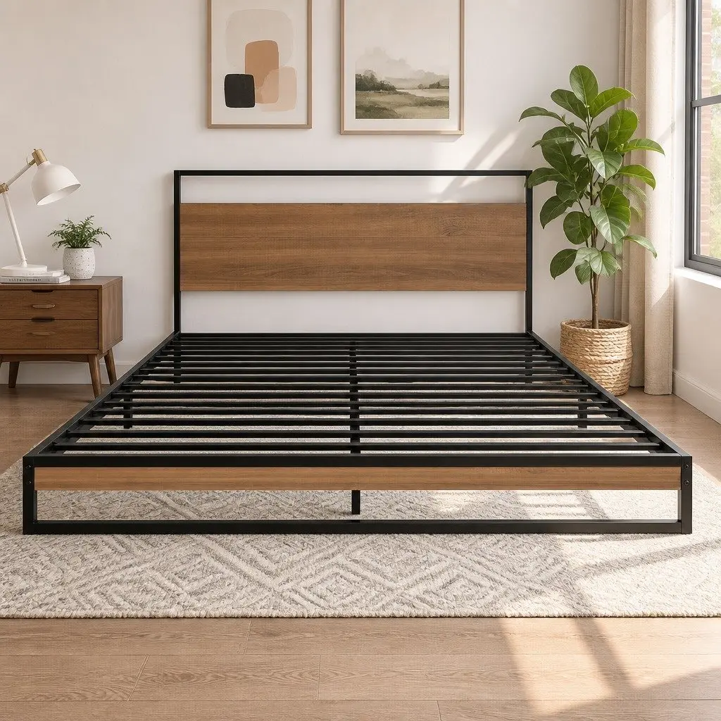 Queen Size Bed Frame with Mattress Metal Steel Wood Industrial Bedroom Furniture