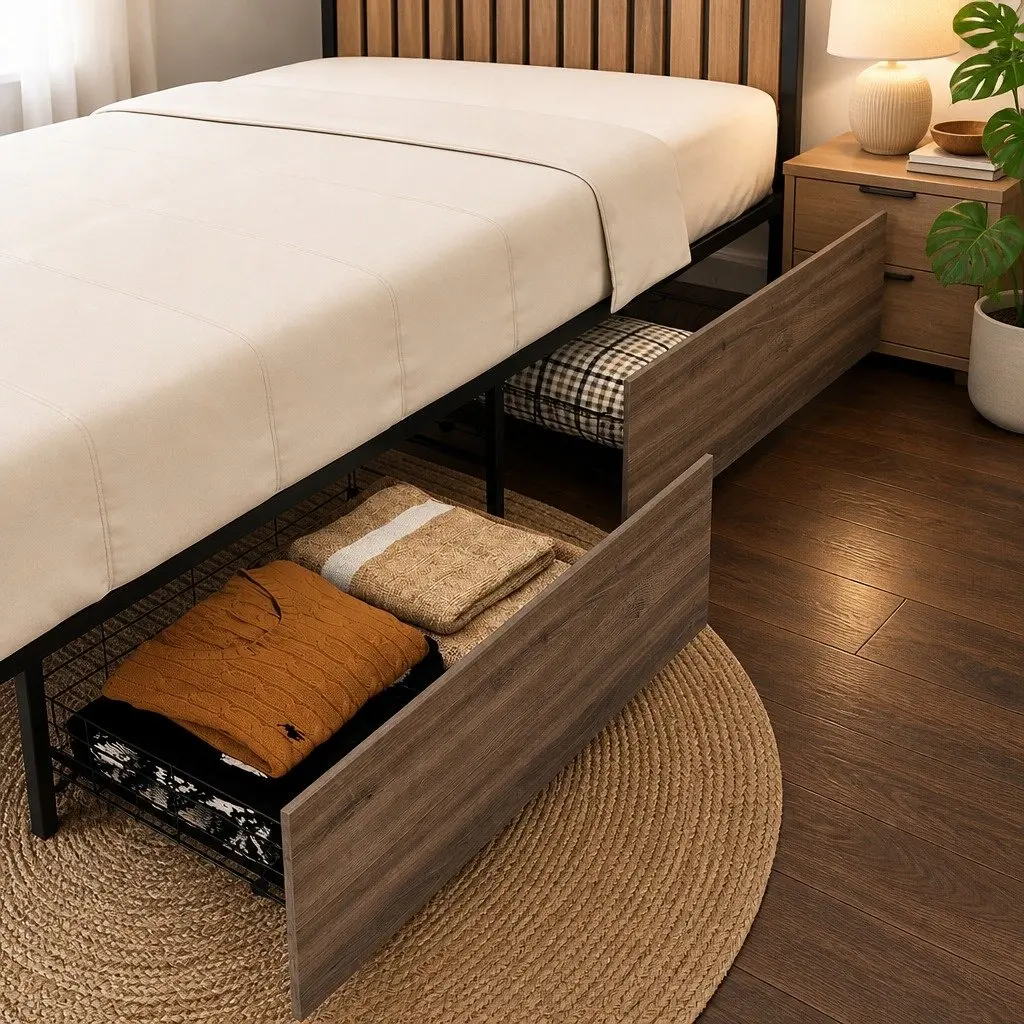 Metal Trundle Drawers Set of 2 Under Bed Storage Walnut Black 94.5cm L x 50cm W x 29.5cm H Metal Frame MDF Board
