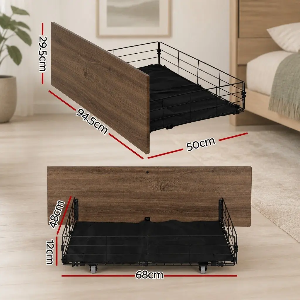 Metal Trundle Drawers Set of 2 Under Bed Storage Walnut Black 94.5cm L x 50cm W x 29.5cm H Metal Frame MDF Board
