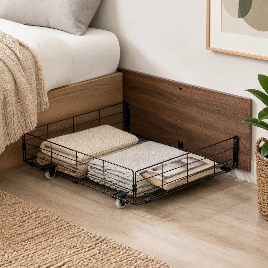Metal Trundle Drawers Set of 2 Under Bed Storage Walnut Black 94.5cm L x 50cm W x 29.5cm H Metal Frame MDF Board