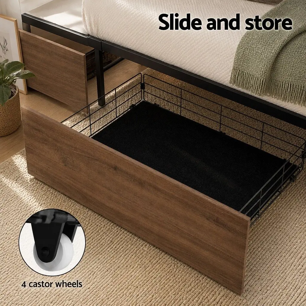 Metal Trundle Drawers Set of 2 Under Bed Storage Walnut Black 94.5cm L x 50cm W x 29.5cm H Metal Frame MDF Board