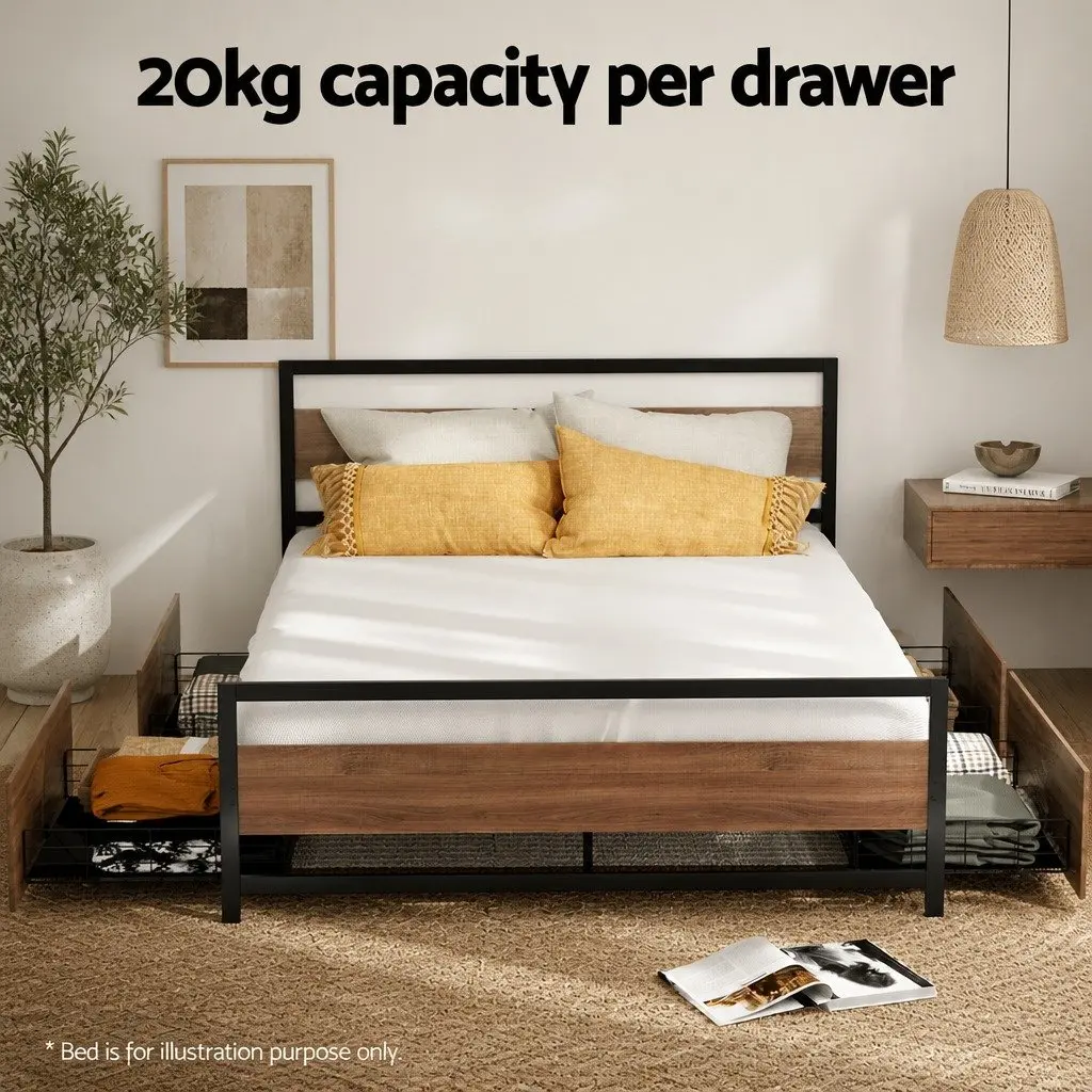 Metal Trundle Drawers Set of 2 Under Bed Storage Walnut Black 94.5cm L x 50cm W x 29.5cm H Metal Frame MDF Board
