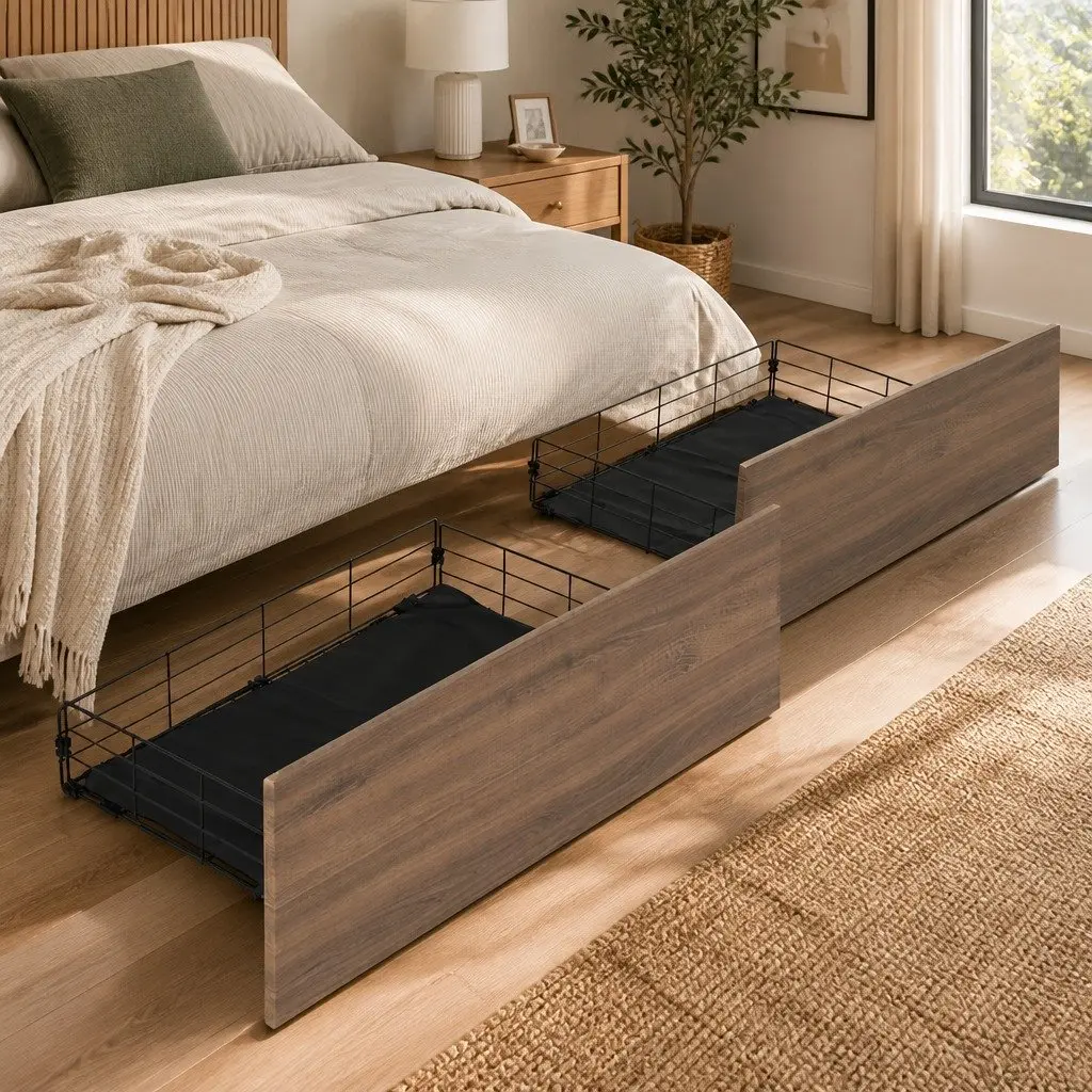 Metal Trundle Drawers Set of 2 Under Bed Storage Walnut Black 94.5cm L x 50cm W x 29.5cm H Metal Frame MDF Board