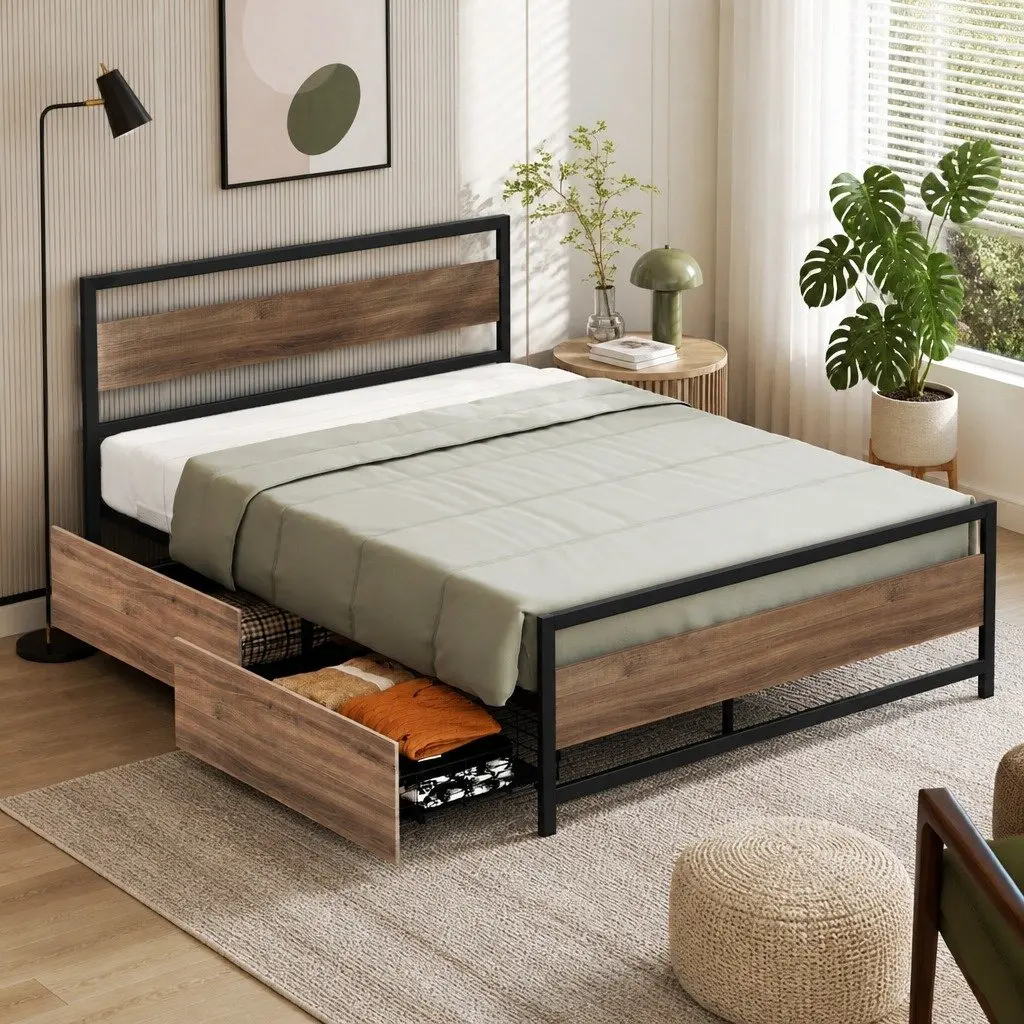 Metal Double Bed Frame with Storage Drawers in Black and Walnut Industrial Style for Bedroom