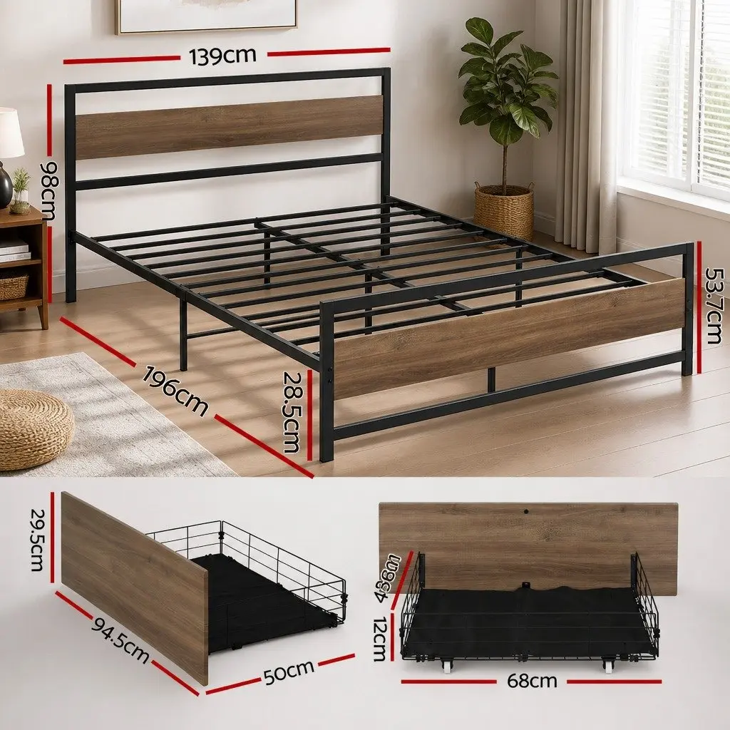 Metal Double Bed Frame with Storage Drawers in Black and Walnut Industrial Style for Bedroom