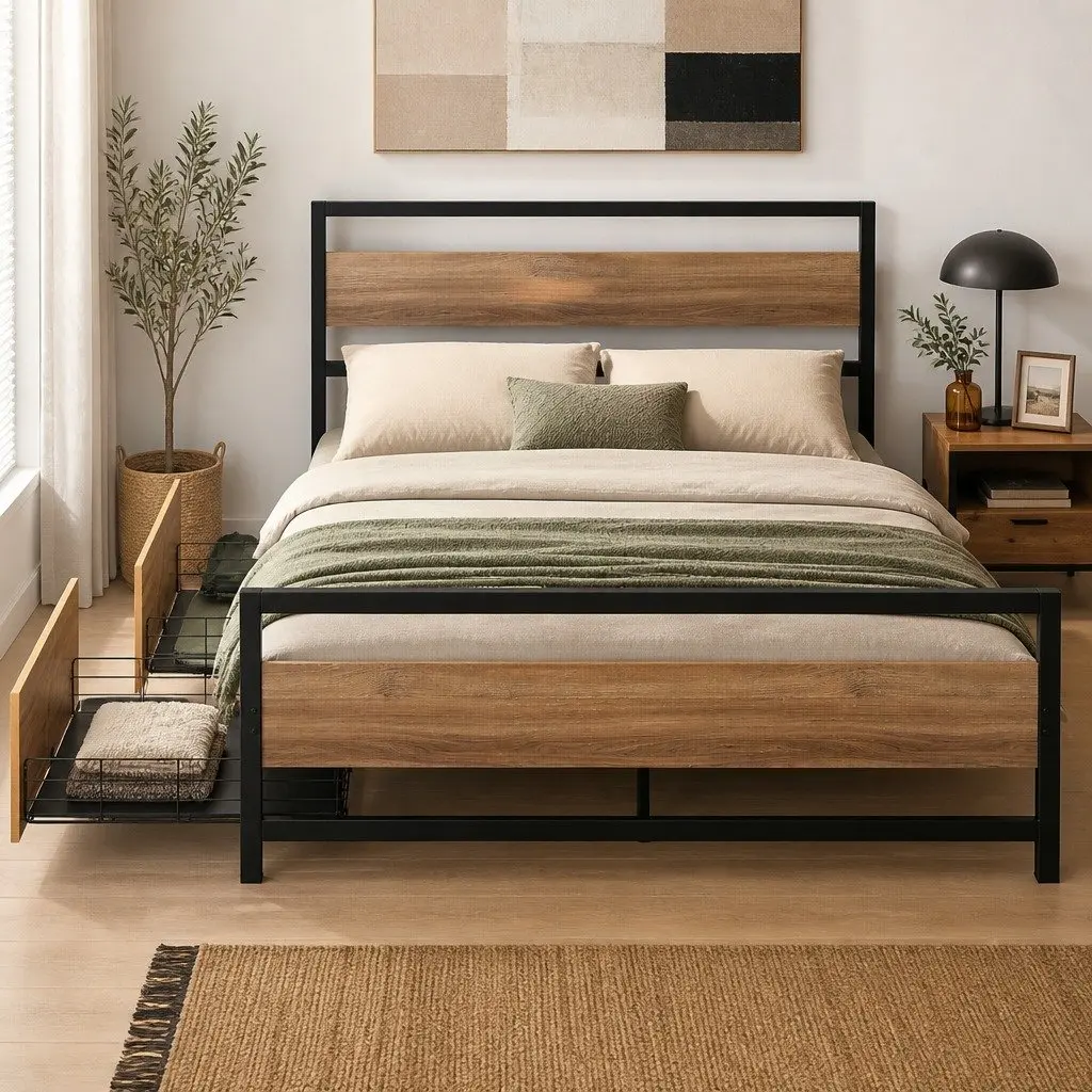 Metal Double Bed Frame with Storage Drawers in Black and Walnut Industrial Style for Bedroom