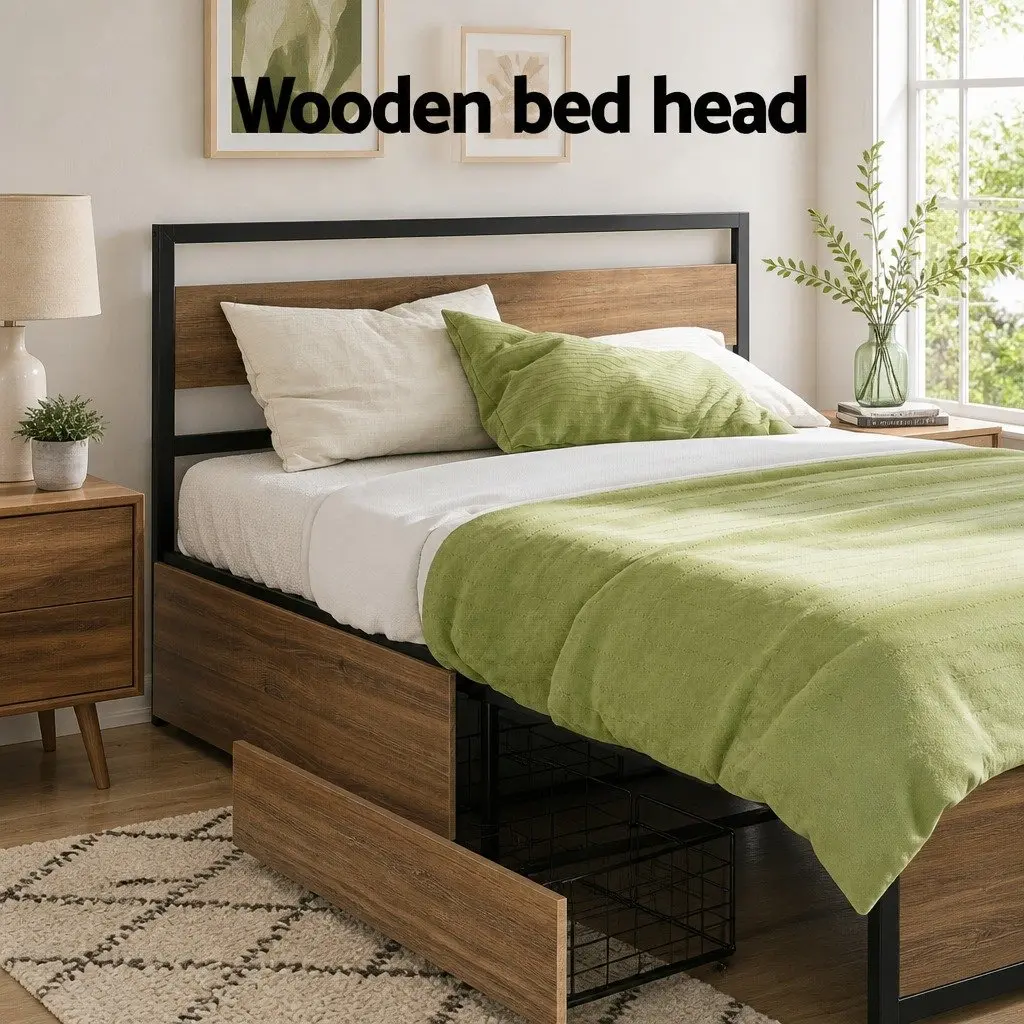 Metal Double Bed Frame with Storage Drawers in Black and Walnut Industrial Style for Bedroom