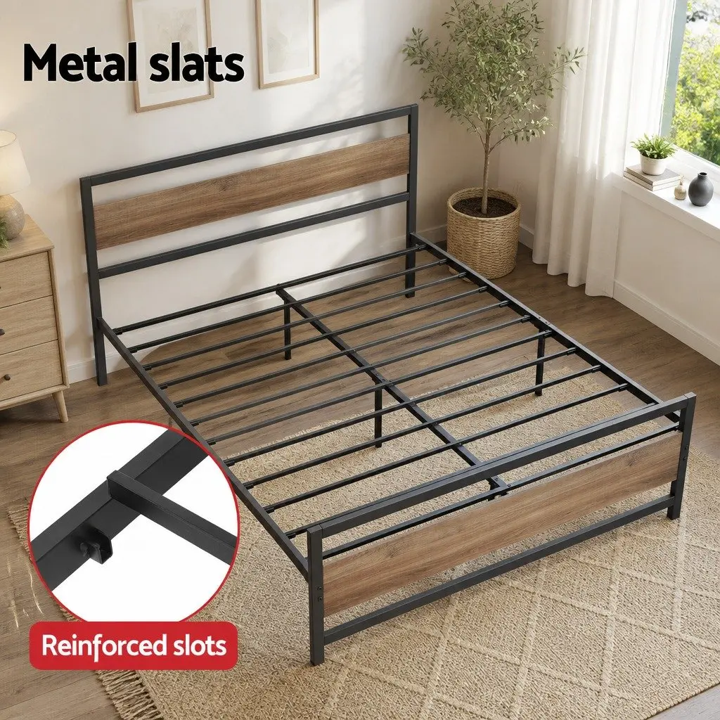 Metal Double Bed Frame with Storage Drawers in Black and Walnut Industrial Style for Bedroom