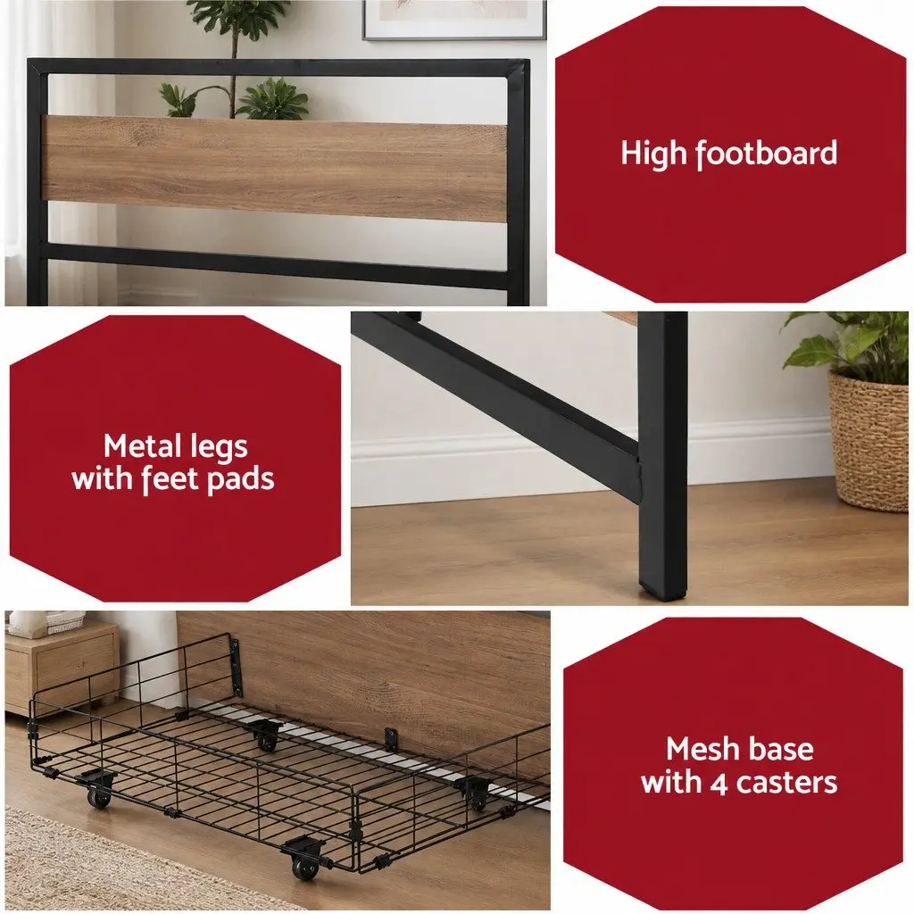 Metal Double Bed Frame with Storage Drawers in Black and Walnut Industrial Style for Bedroom