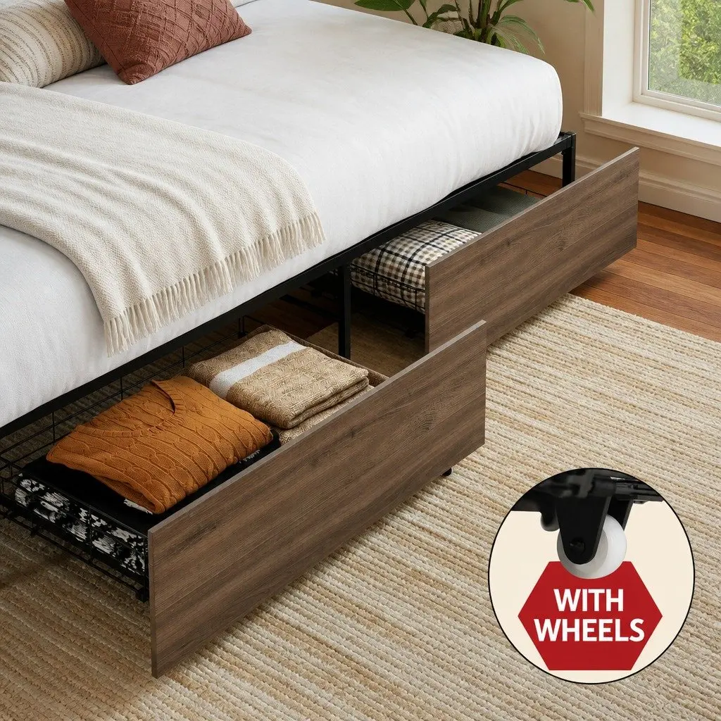 Metal Double Bed Frame with Storage Drawers in Black and Walnut Industrial Style for Bedroom