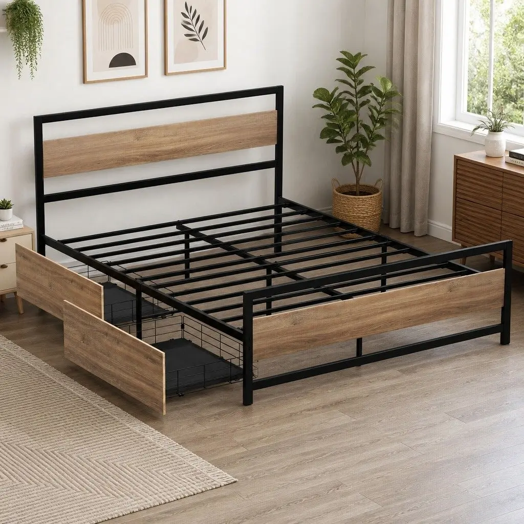 Metal Double Bed Frame with Storage Drawers in Black and Walnut Industrial Style for Bedroom