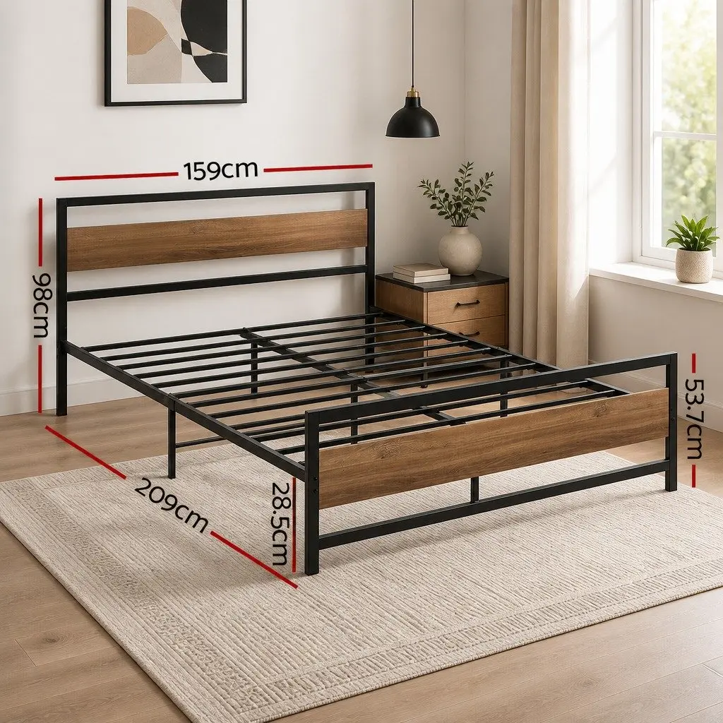 Queen Size Bed Frame Metal Base Platform Foundation Black Industrial Style