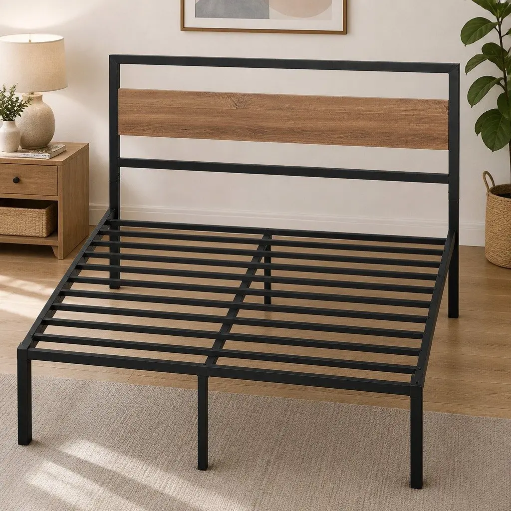 Queen Size Bed Frame Metal Base Platform Foundation Black Industrial Style