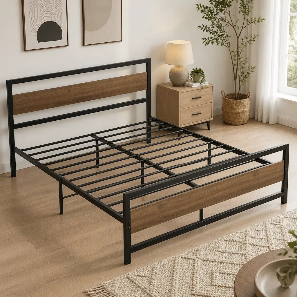 Queen Size Bed Frame Metal Base Platform Foundation Black Industrial Style