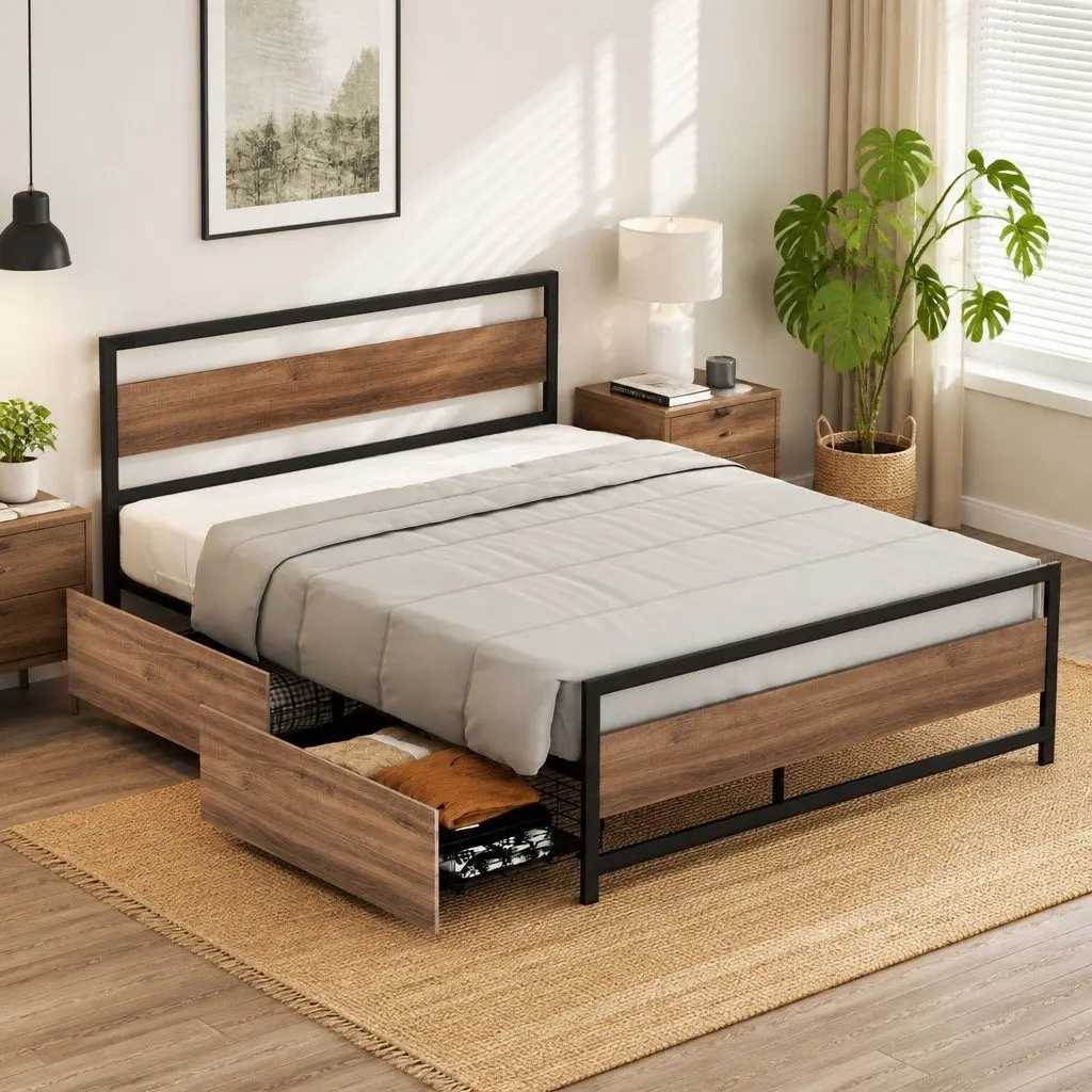 Queen Size Bed Frame Metal Industrial Style with Storage Drawers and Castor