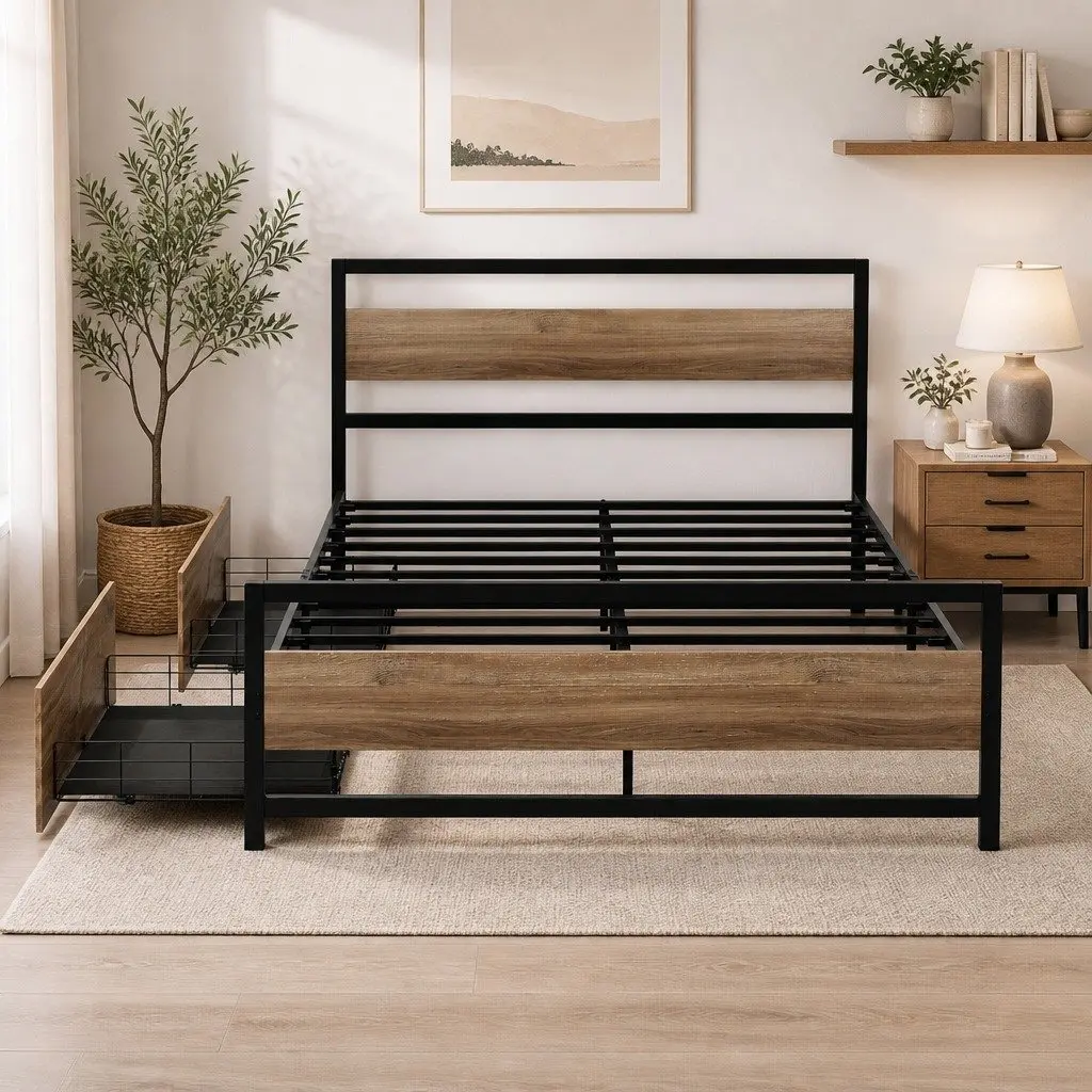 Queen Size Bed Frame Metal Industrial Style with Storage Drawers and Castor