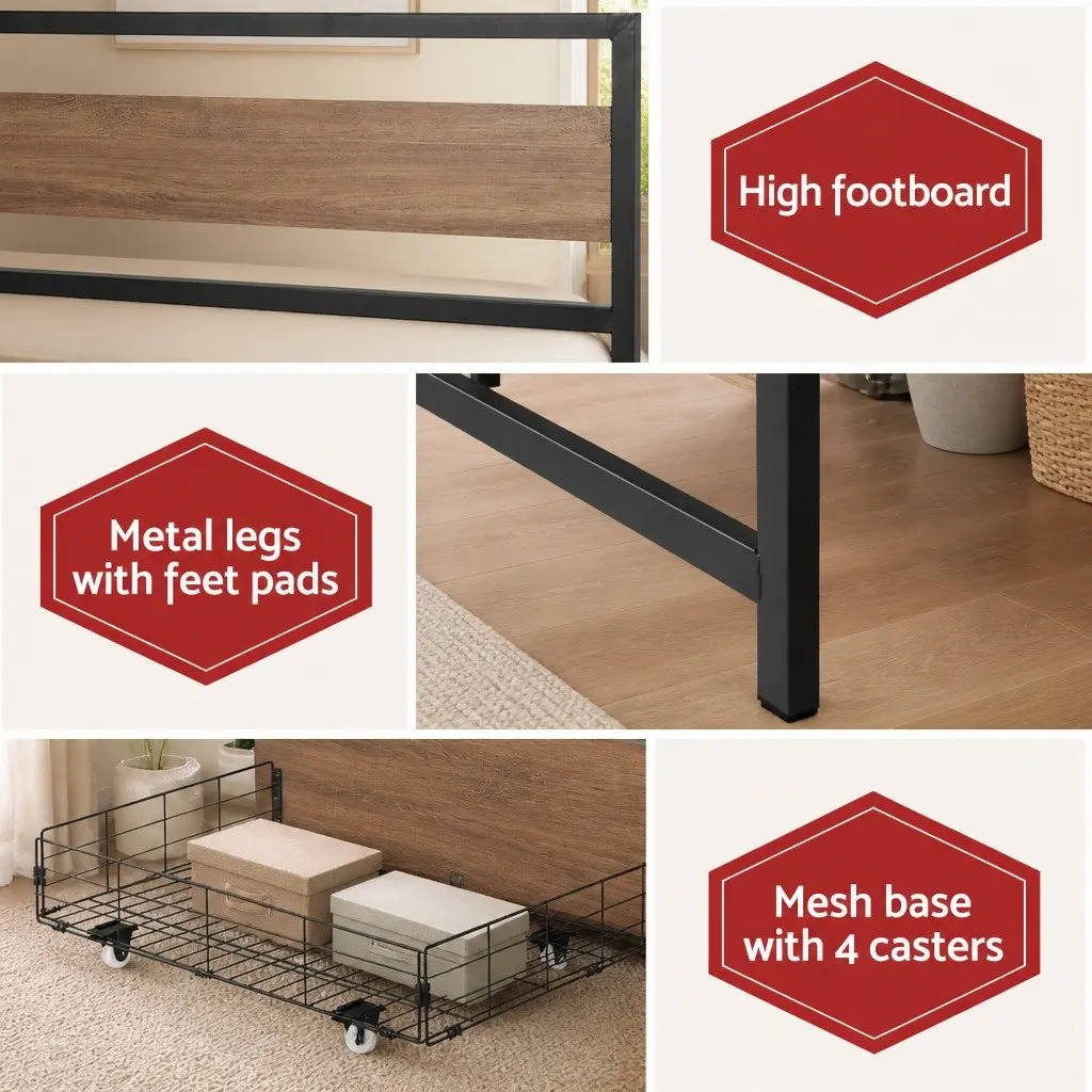 Queen Size Bed Frame Metal Industrial Style with Storage Drawers and Castor