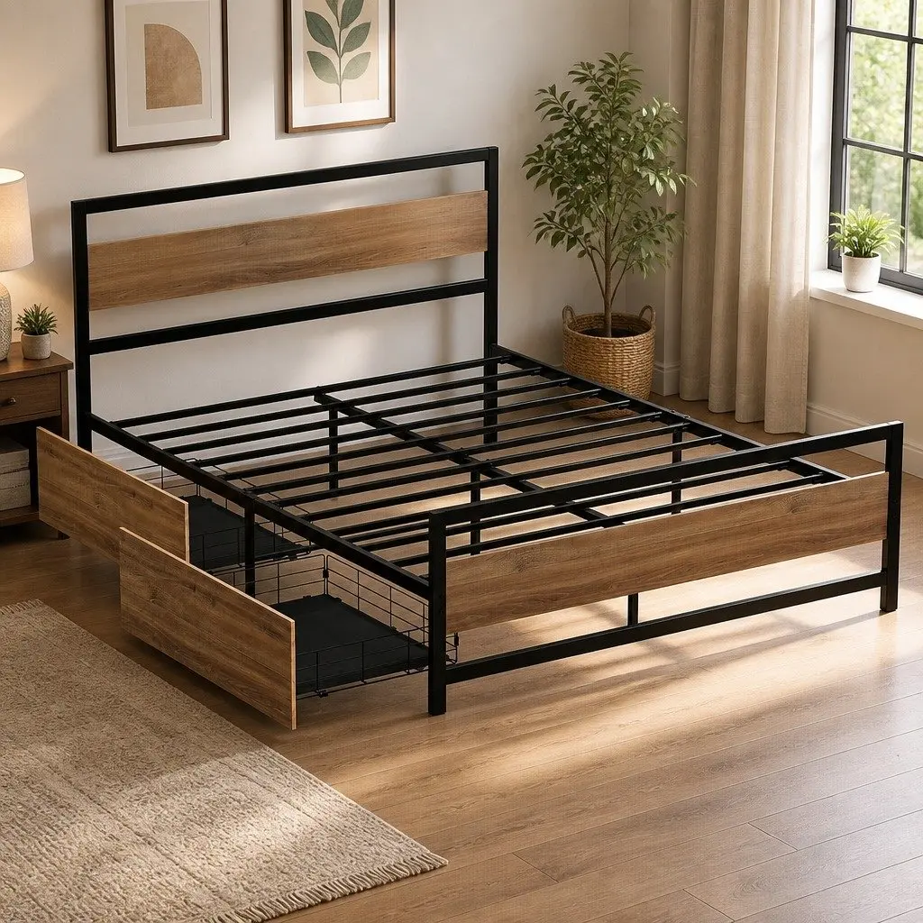 Queen Size Bed Frame Metal Industrial Style with Storage Drawers and Castor