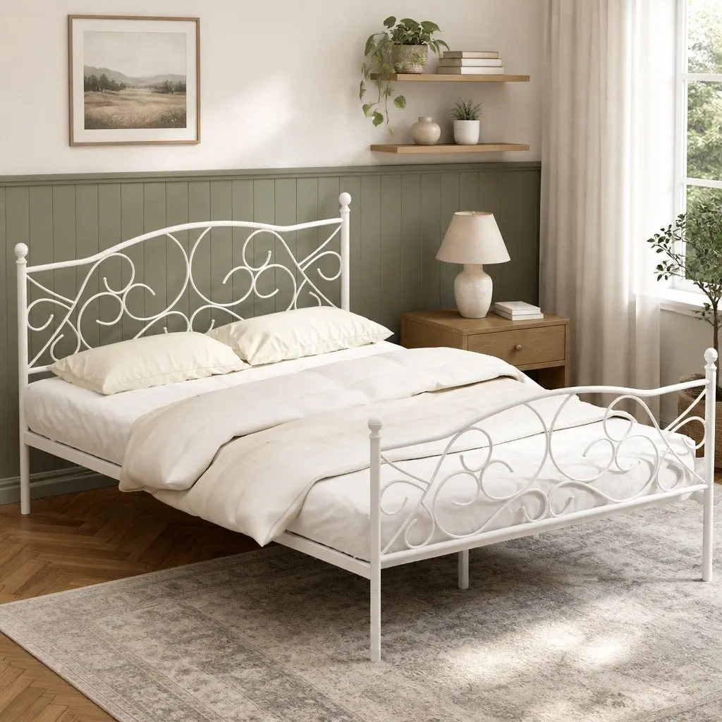 Double Bed Frame Metal Bed White Hollow Out Headboard Bedroom Furniture Storage