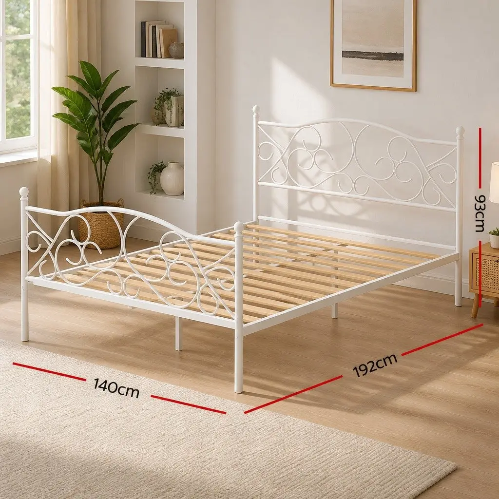 Double Bed Frame Metal Bed White Hollow Out Headboard Bedroom Furniture Storage