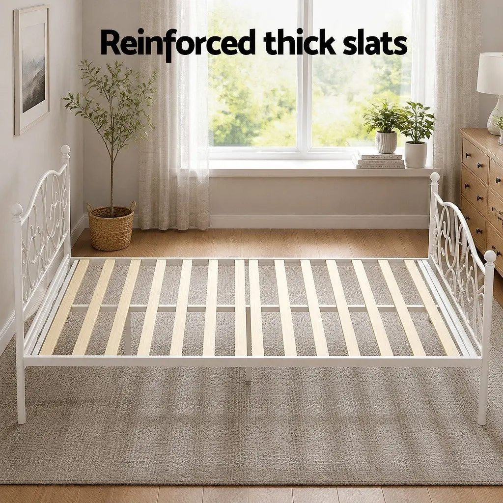 Double Bed Frame Metal Bed White Hollow Out Headboard Bedroom Furniture Storage