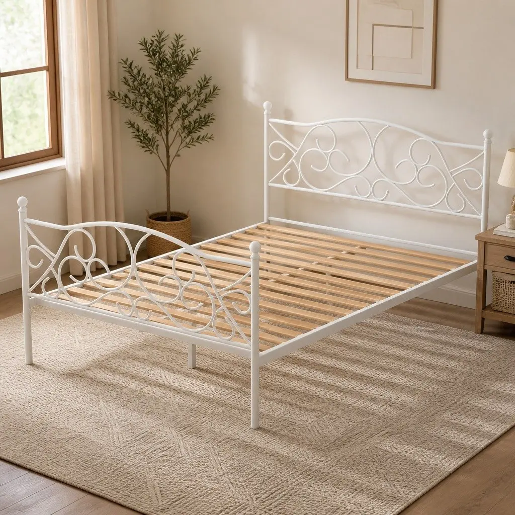 Double Bed Frame Metal Bed White Hollow Out Headboard Bedroom Furniture Storage