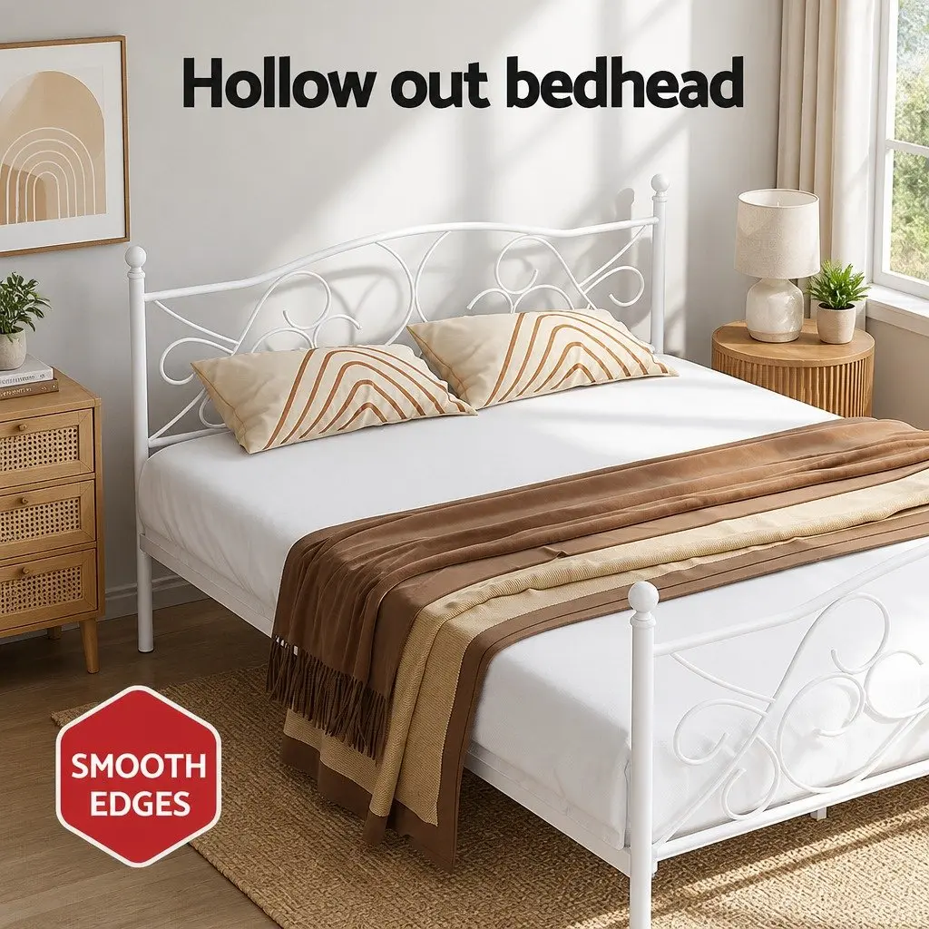 Queen Size Metal Bed Frame White Hollow Design Bedroom Furniture Platform Slats