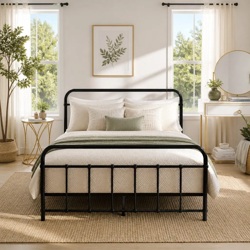 Double Metal Bed Frame Powder-coated Steel Standard Double Size Black