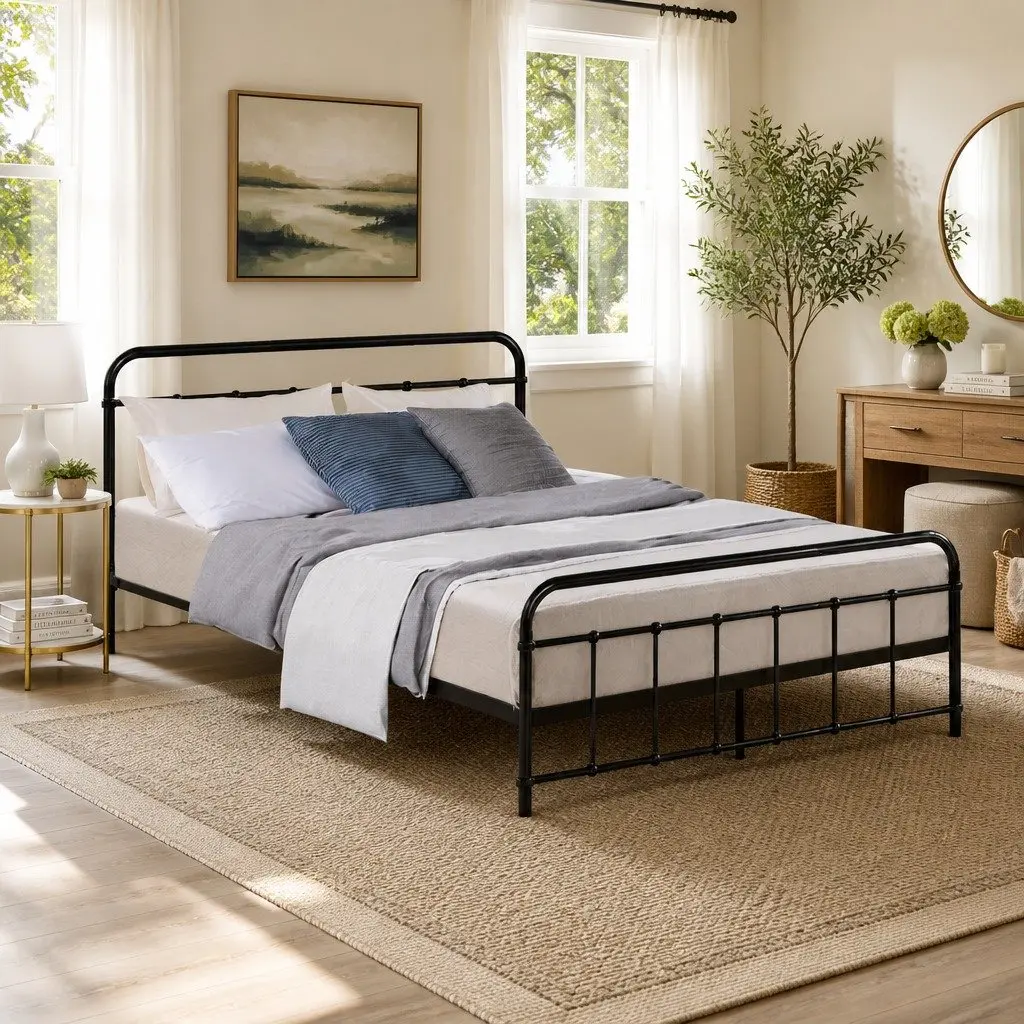 Double Metal Bed Frame Powder-coated Steel Standard Double Size Black