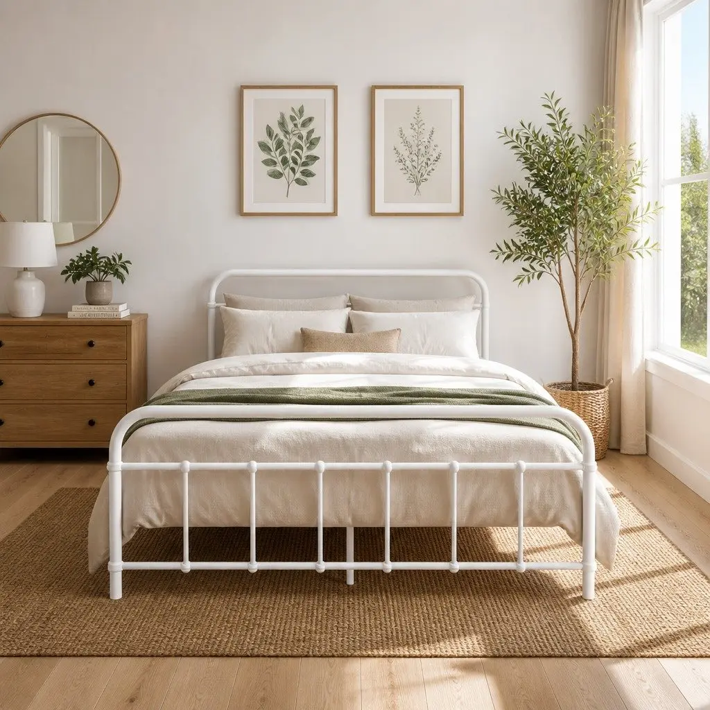 Double Metal Bed Frame Country Style Powder-Coated Steel 199cm x 143cm x 83cm White
