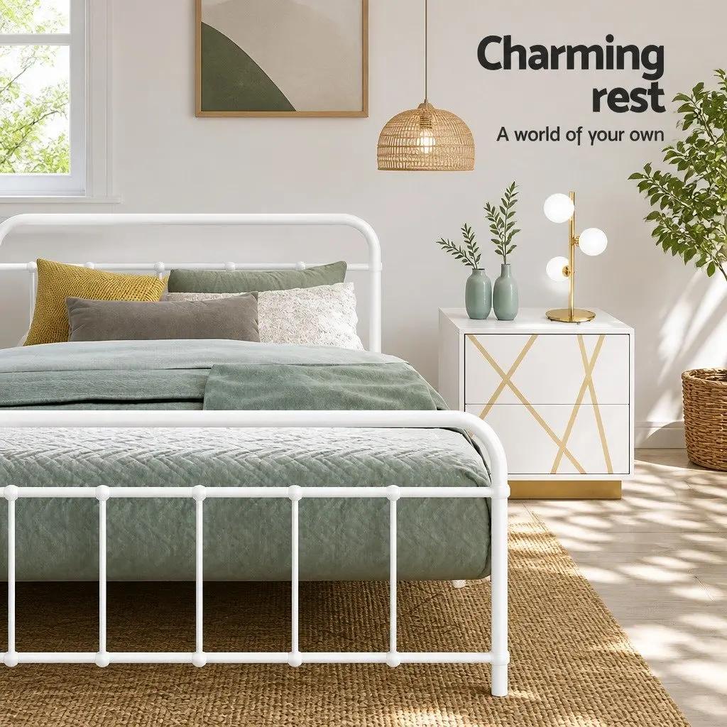 Double Metal Bed Frame Country Style Powder-Coated Steel 199cm x 143cm x 83cm White