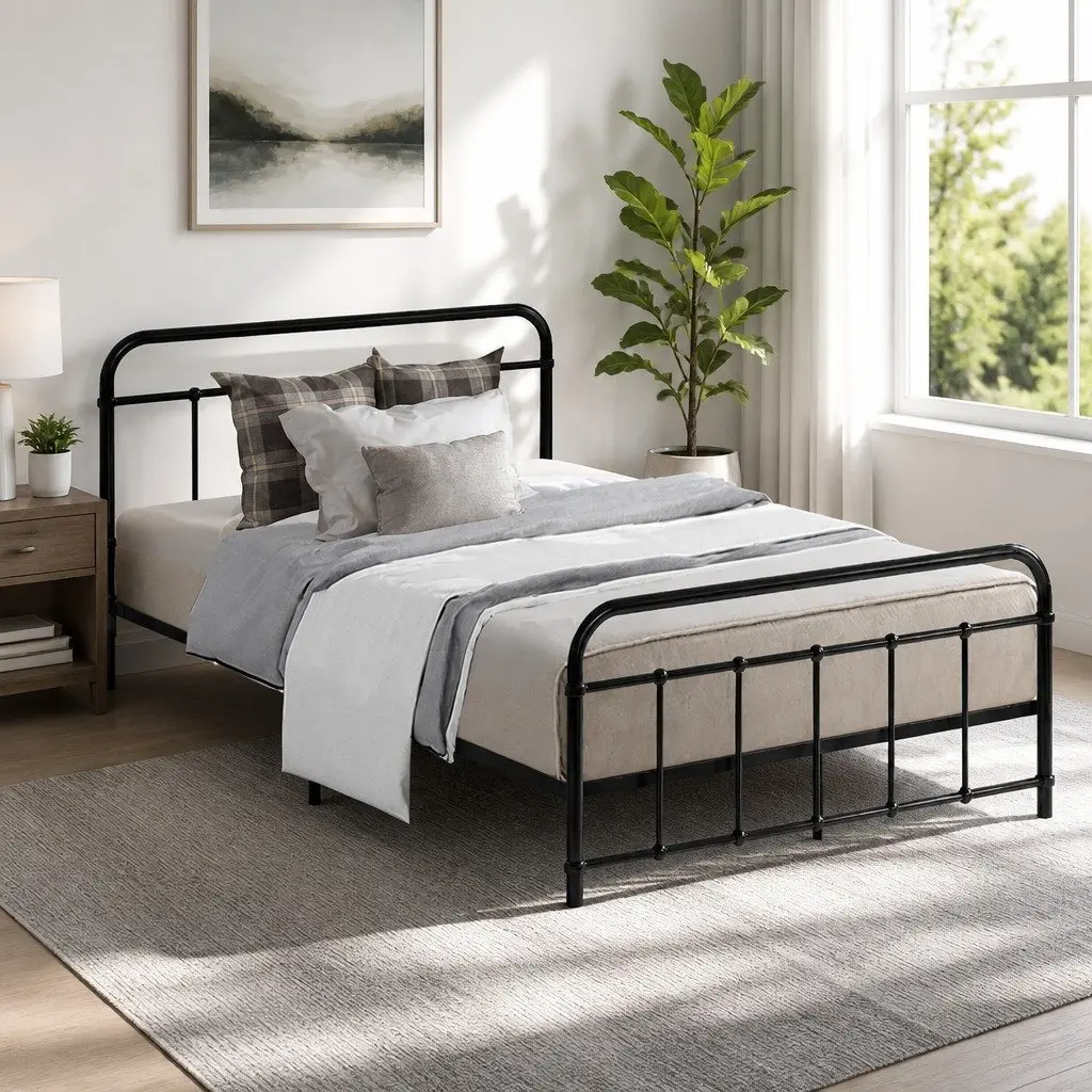 Metal Bed Frame King Single Black Country-Style Steel Slat Base Storage