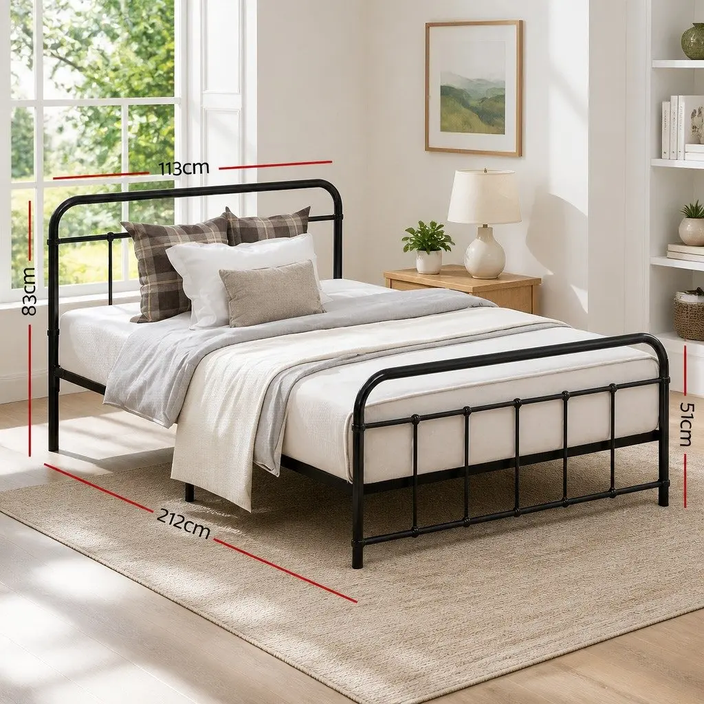 Metal Bed Frame King Single Black Country-Style Steel Slat Base Storage