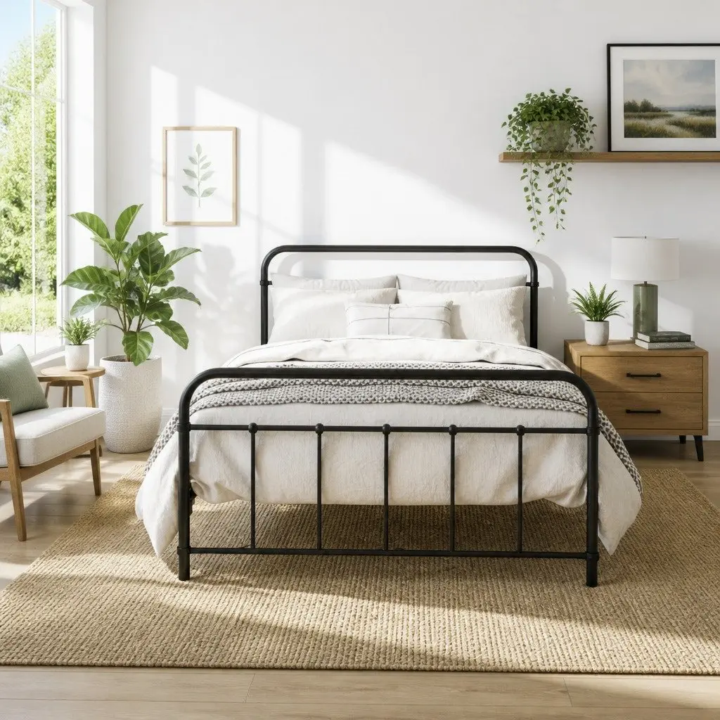 Metal Bed Frame King Single Black Country-Style Steel Slat Base Storage