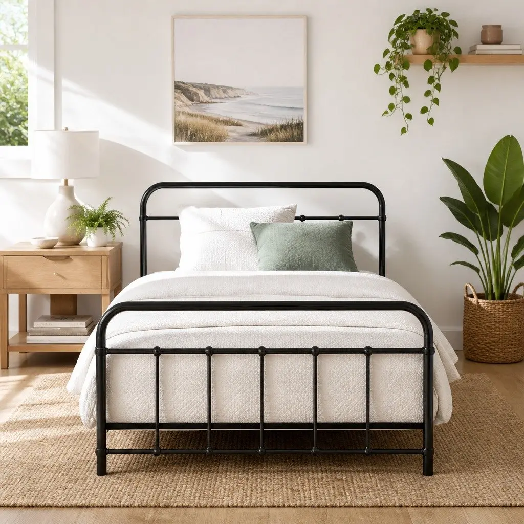 Metal Bed Frame King Single Black Country-Style Steel Slat Base Storage