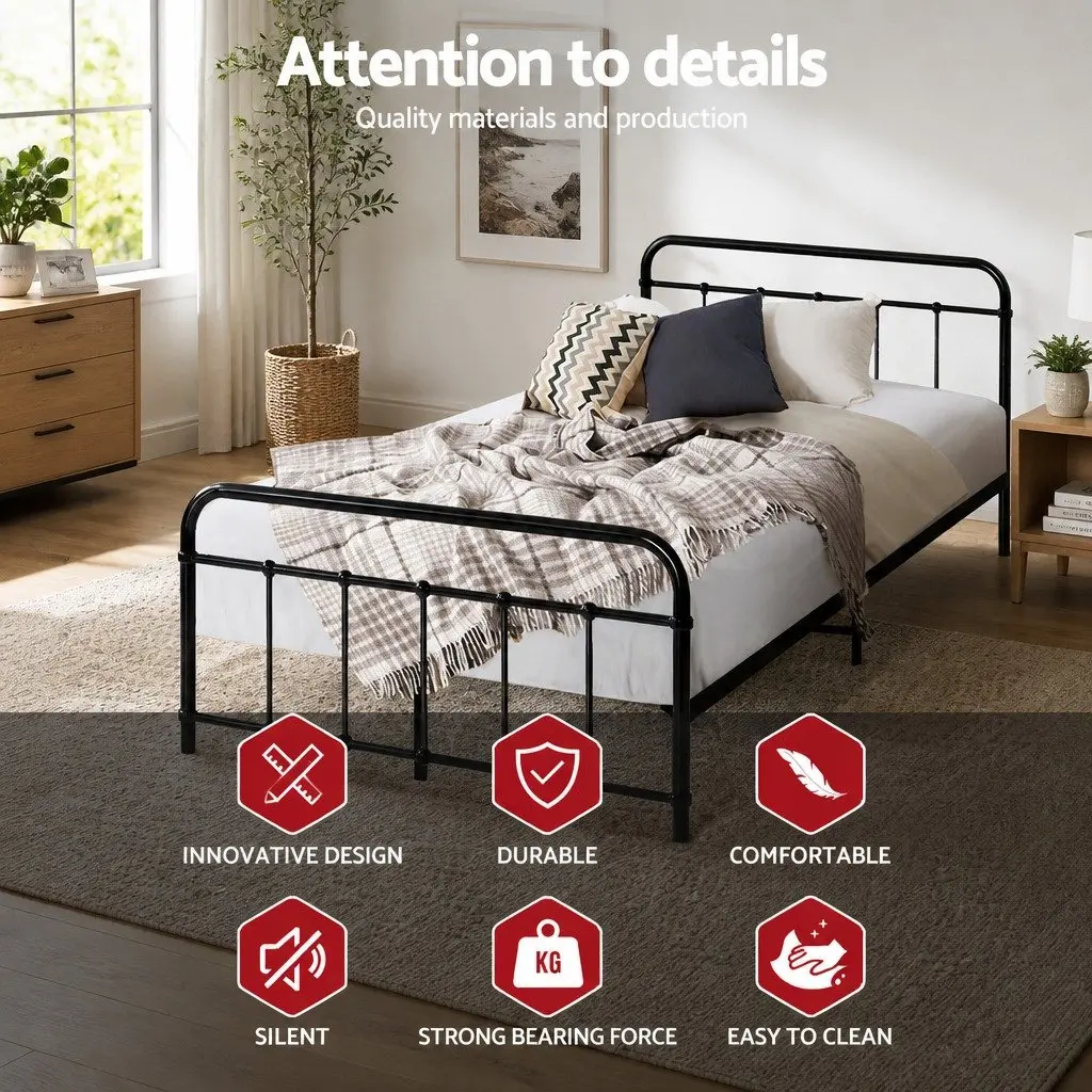 Metal Bed Frame King Single Black Country-Style Steel Slat Base Storage