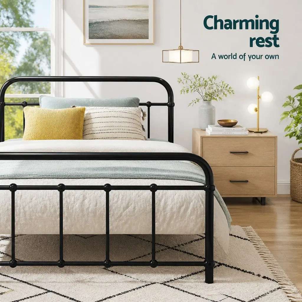 Metal Bed Frame King Single Black Country-Style Steel Slat Base Storage