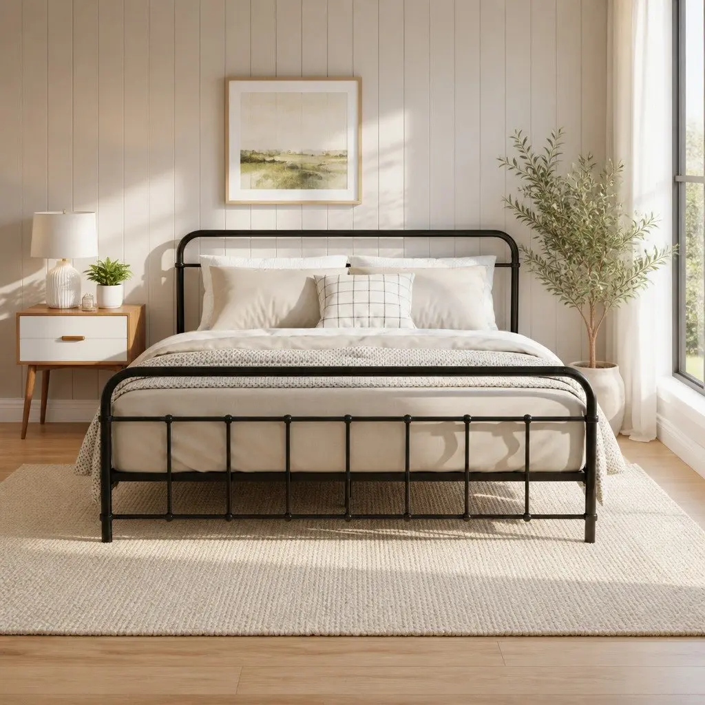 Queen Metal Bed Frame Powder-Coated Steel Country Style Black
