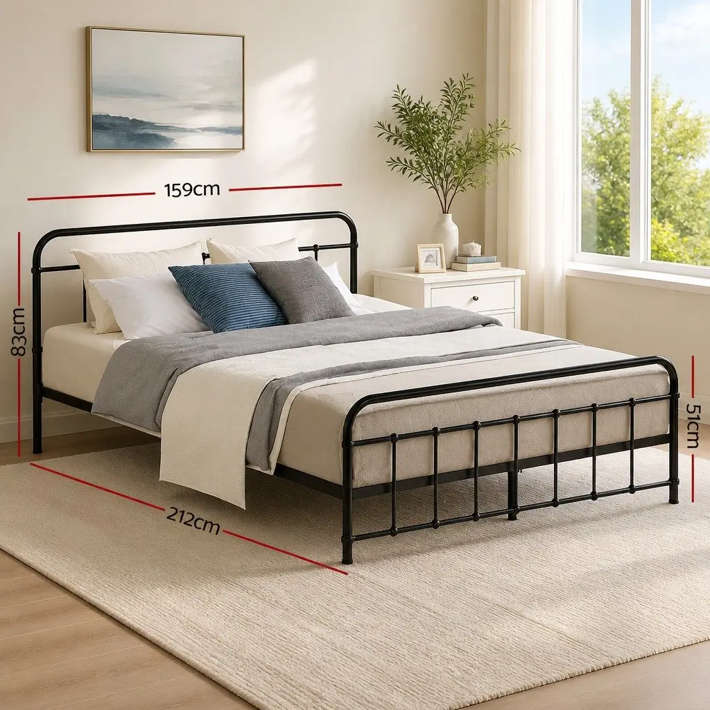 Queen Metal Bed Frame Powder-Coated Steel Country Style Black