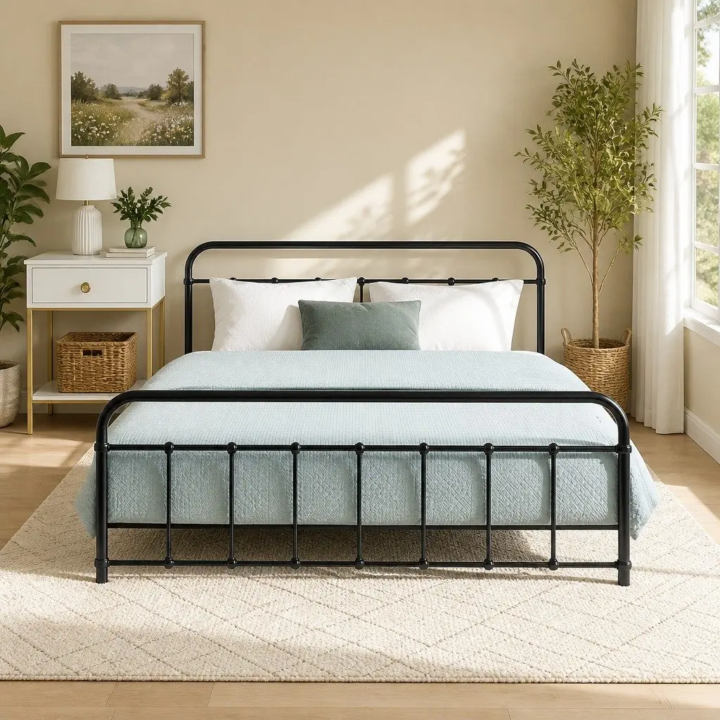 Queen Metal Bed Frame Powder-Coated Steel Country Style Black