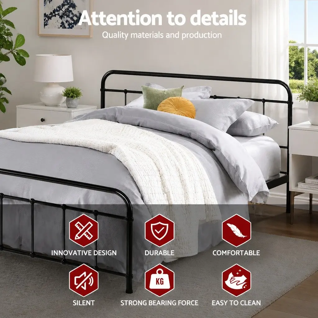 Queen Metal Bed Frame Powder-Coated Steel Country Style Black